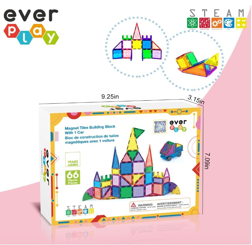 Magnetic Tiles STEAM Building Set (66 PCS) – Creative Learning Toy with Car