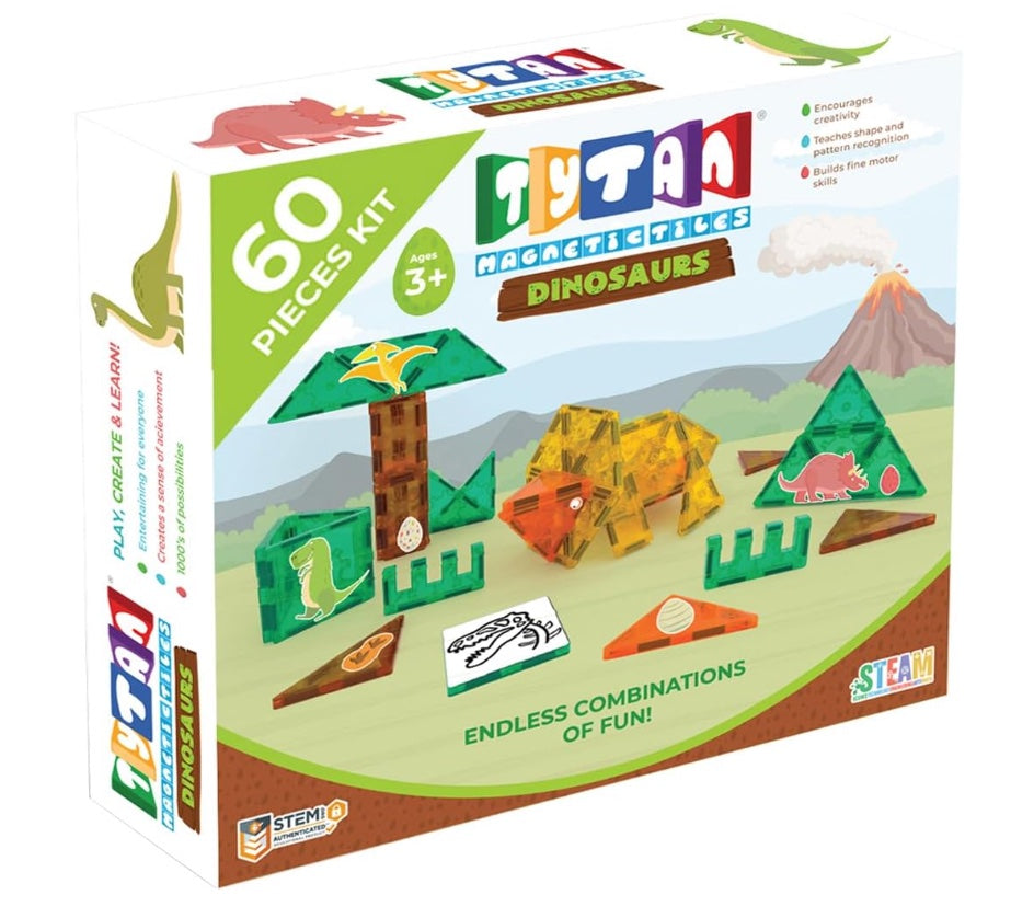 Magnetic Dinosaur Building Set – 60 PCS STEAM Learning Tiles (BPA Free)