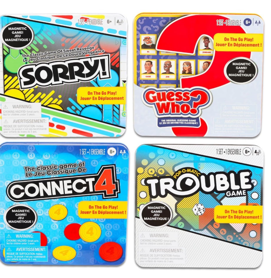 Hasbro Gaming Magnetic Game Travel Set for Kids - Bundle with 4 Travel Games in Tin Featuring Connect 4, Sorry, Trouble, Guess Who Plus Stickers | Travel Games for Kids 8-12