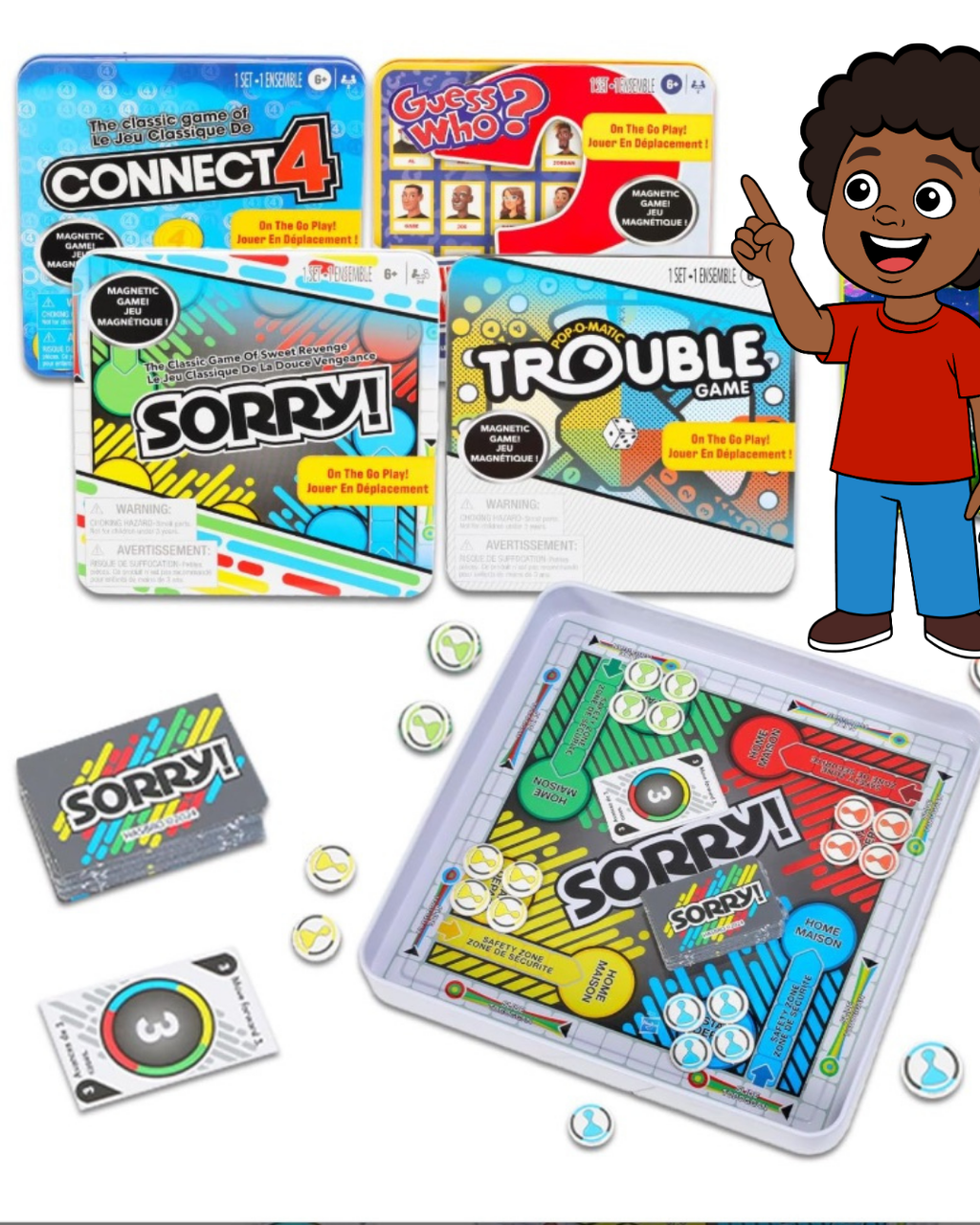 Hasbro Gaming Magnetic Game Travel Set for Kids - Bundle with 4 Travel Games in Tin Featuring Connect 4, Sorry, Trouble, Guess Who Plus Stickers | Travel Games for Kids 8-12