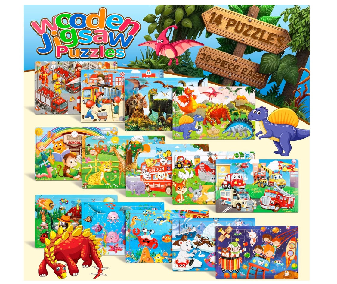 Puzzles for Kids, 14 Pack Wooden Jigsaw Puzzles 30 Pieces Preschool Educational Learning