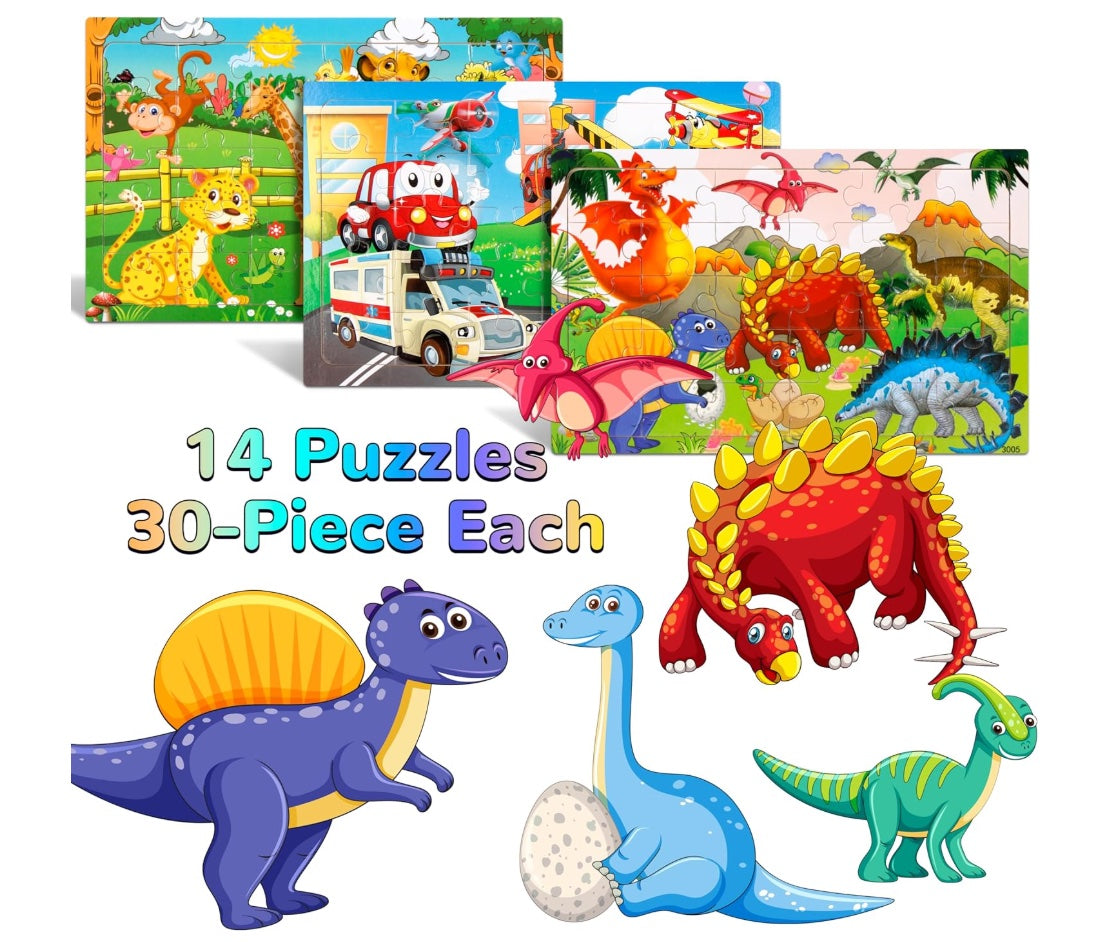 Puzzles for Kids, 14 Pack Wooden Jigsaw Puzzles 30 Pieces Preschool Educational Learning