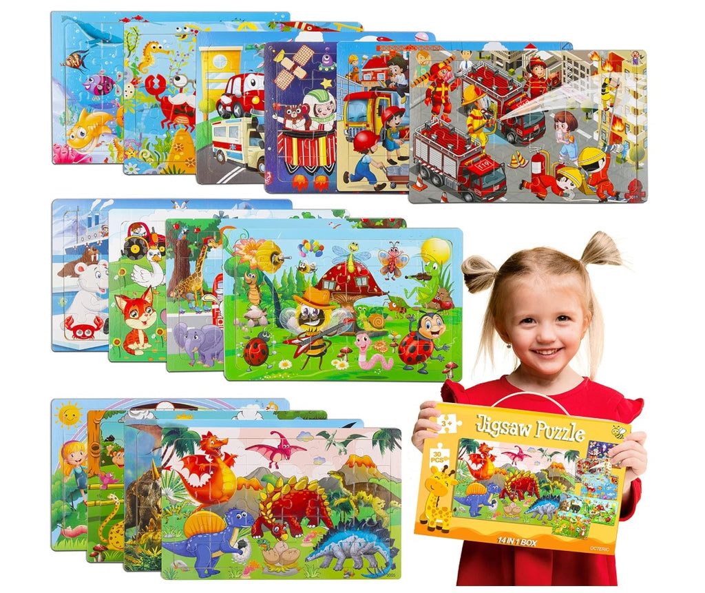 Puzzles for Kids, 14 Pack Wooden Jigsaw Puzzles 30 Pieces Preschool Educational Learning