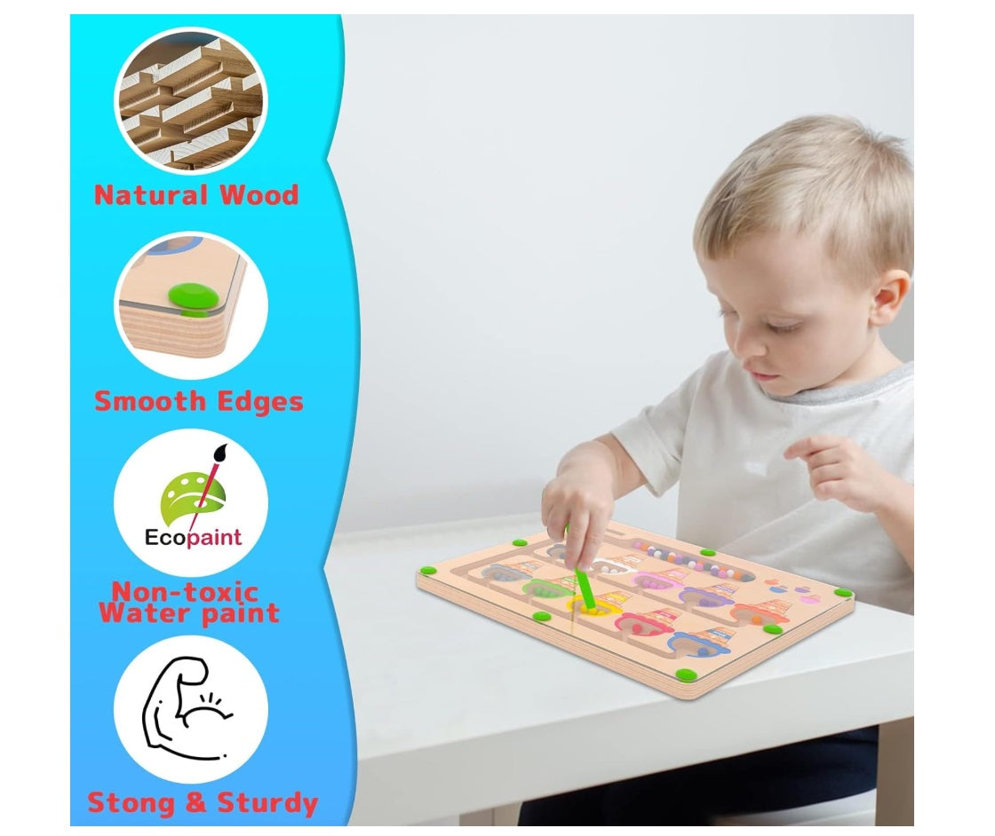 Magnetic Color & Number Maze - Montessori Wooden Color Matching Learning Counting Puzzle Board