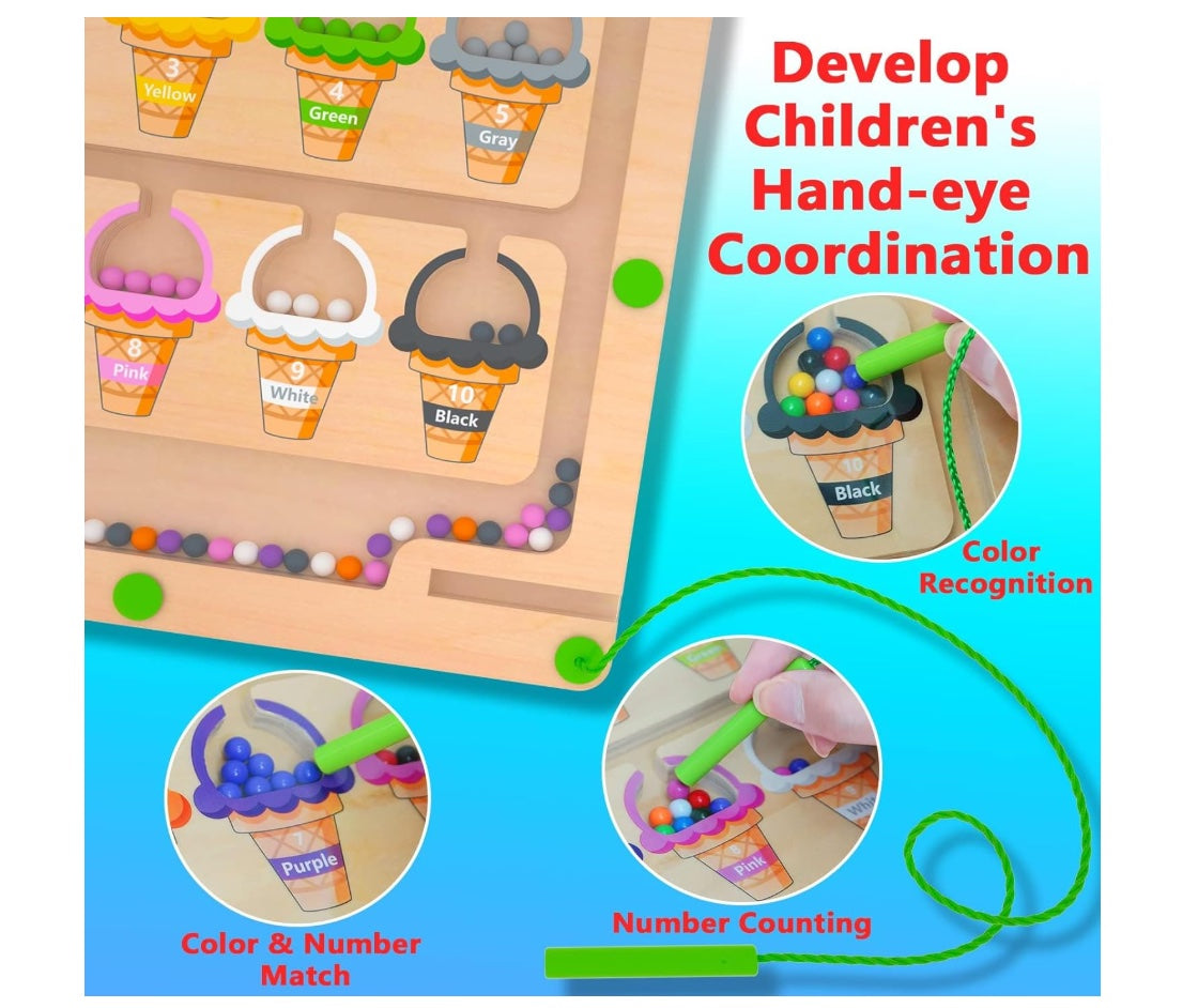 Magnetic Color & Number Maze - Montessori Wooden Color Matching Learning Counting Puzzle Board