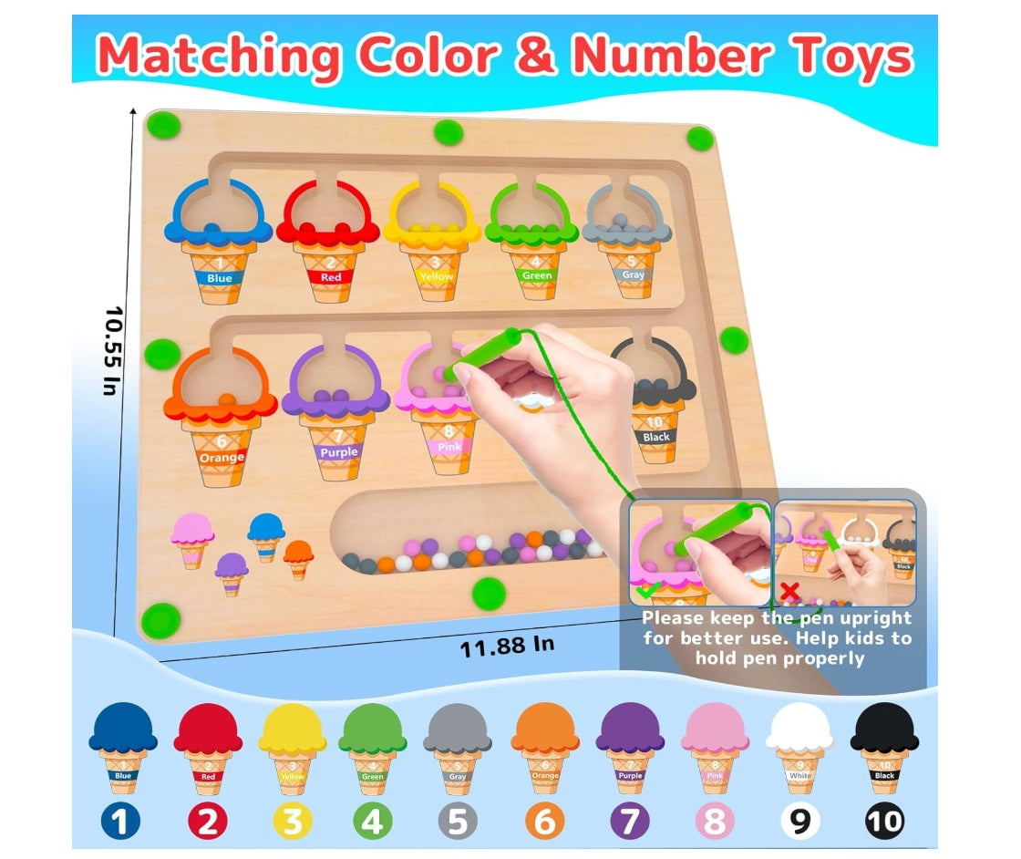 Magnetic Color & Number Maze - Montessori Wooden Color Matching Learning Counting Puzzle Board